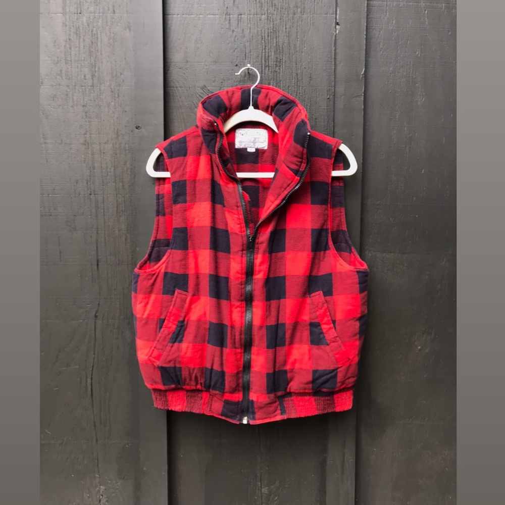 vintage red plaid tartan outdoor bomber vest